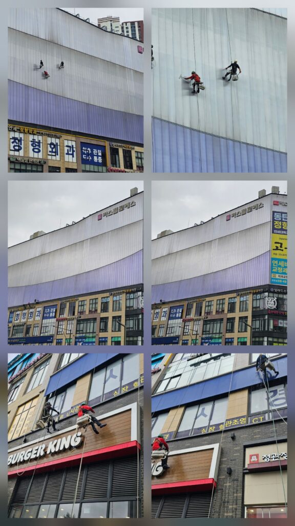동탄2 라스폴로레스 외벽 청소 후기 – CGV 고층 외벽 폴리카보네이트(렉산) 클리닝 작업